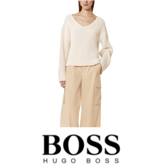 HUGO BOSS Long Sleeve Sweater With V-Neck in Soft Cream, Size Large, NWT - Picture 2 of 10